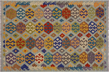 Flat Weave Kilim, Antique, Navaho, Vintage, Handmade, Geometric Kilim Gray Blue Hand-Woven Rectangle 100% Wool Area Rug 5 x 7